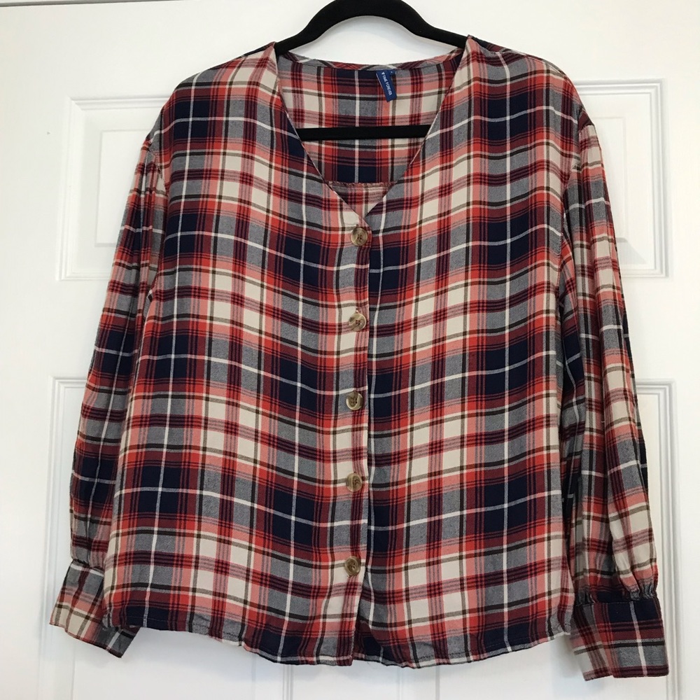 Fame Forever Red, Blue, and White Plaid Blouse Size L
